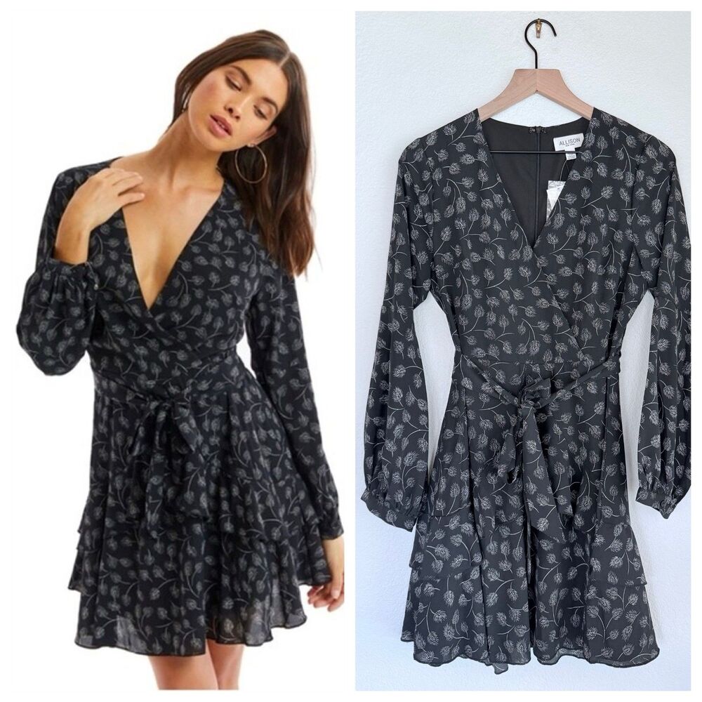 NEW Anthropologie Allison NY Long Sleeve Wrap Dress in Black Meadow Print Size S